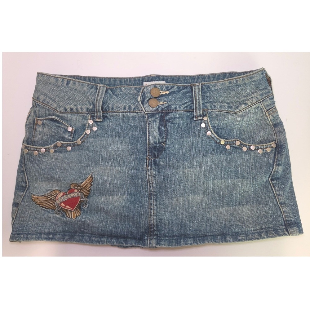 NoBo Y2K Denim Mini Skirt Winged Heart Studded Low Rise Blue 11/12 Grunge 2000's